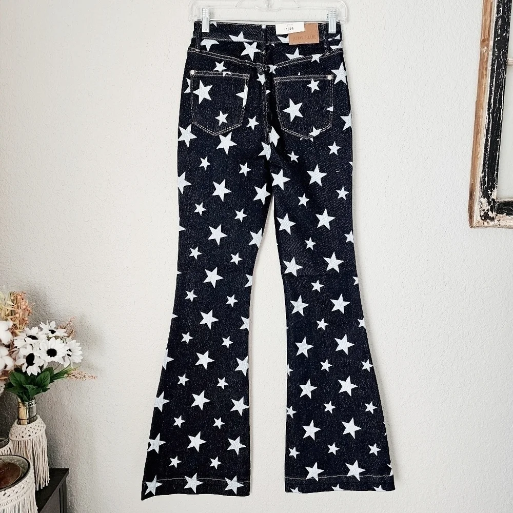 Judy Blue HR Dark Wash Star Print Flare Jeans Classic Americana Various NEW